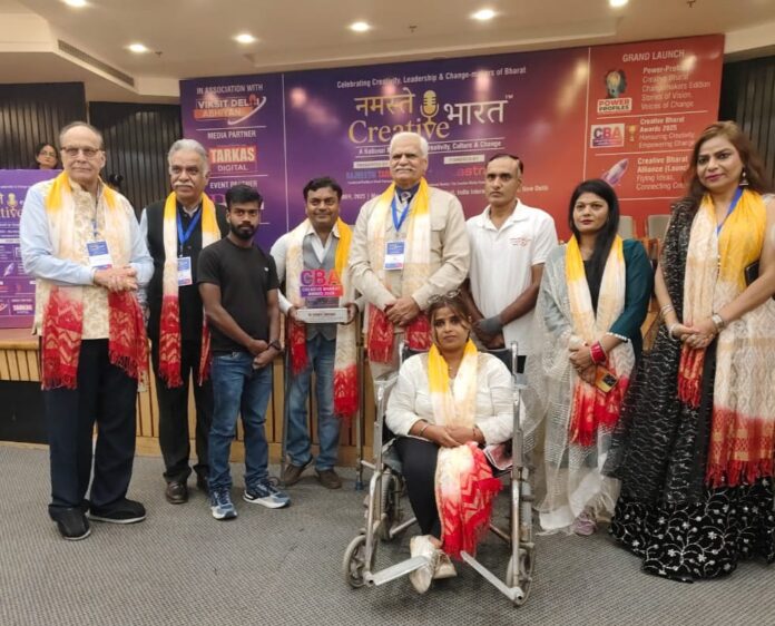 Dignitaries felicitating Eagle Specially Abled Riders with the Creative Bharat Award 2025 at India International Centre, New Delhi. Dignitaries felicitating Eagle Specially Abled Riders with the Creative Bharat Award 2025 at India International Centre, New Delhi.