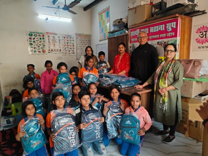 Children’s Day cheer! New school bags gifted to underprivileged kids by Sathi Haath Badhana Helping Group in Greater Noida West.
