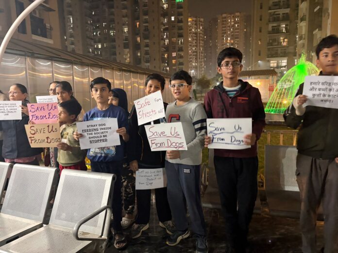 Residents protest soaring stray dog numbers with a peaceful candle march at dusk.