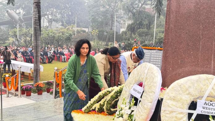 File Image - A moment of remembrance: Families of martyrs lay wreaths at Shaheed Smarak on Vijay Diwas, their silent strength reflecting the nation’s eternal gratitude.”