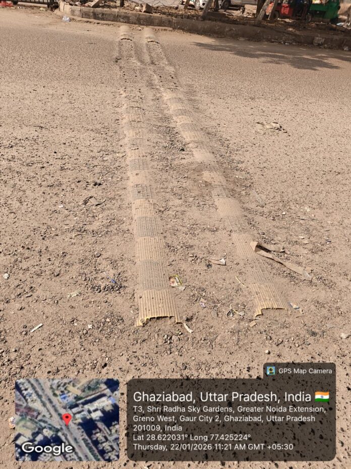 Broken speed breakers outside Manthan and Gaur International School on Gaur City 2 main road, where high-speed traffic continues despite past fatal accidents. Broken speed breakers outside Manthan and Gaur International School on Gaur City 2 main road, where high-speed traffic continues despite past fatal accidents.
