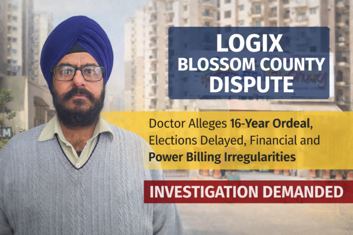(Left) The resident who has raised allegations of governance and financial irregularities at Logix Blossom County. (Right) Main entrance of Logix Blossom County, Noida, where residents have sought a probe into electricity connection transfer and audit of funds.
