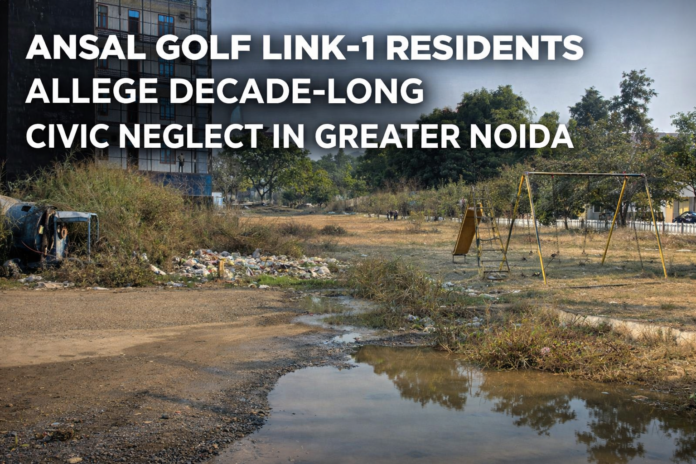 Residents of Ansal Golf Link-1 in Greater Noida allege severe civic neglect, citing broken roads, sewage overflow and lack of maintenance.