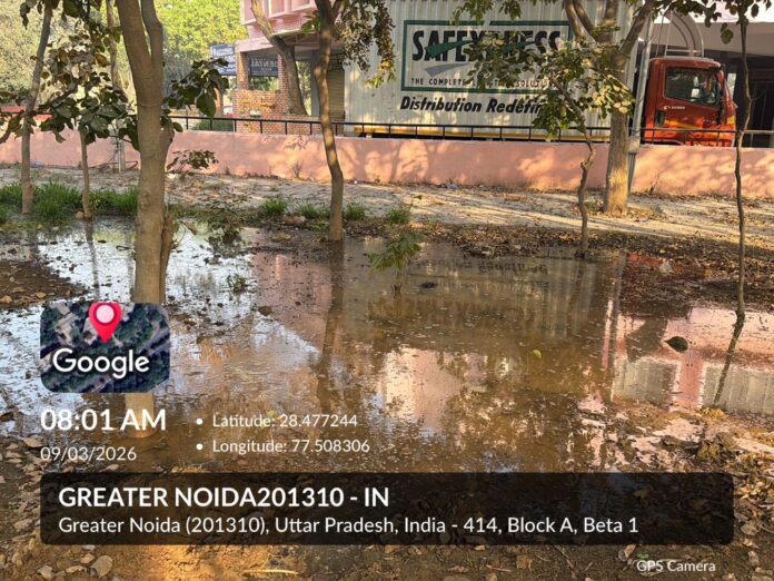Water-filled deep pit in Greater Noida’s Knowledge Park-5 raises safety concerns among residents. Water-filled deep pit in Greater Noida’s Knowledge Park-5 raises safety concerns among residents.