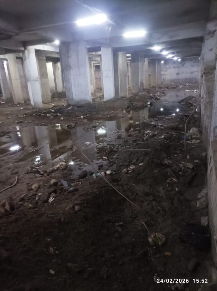 **Photo caption:** Basement of Aims Green Avenue waterlogged with dirty, stagnant sewage, turning the area into a drain-like zone and raising serious hygiene and safety concerns.