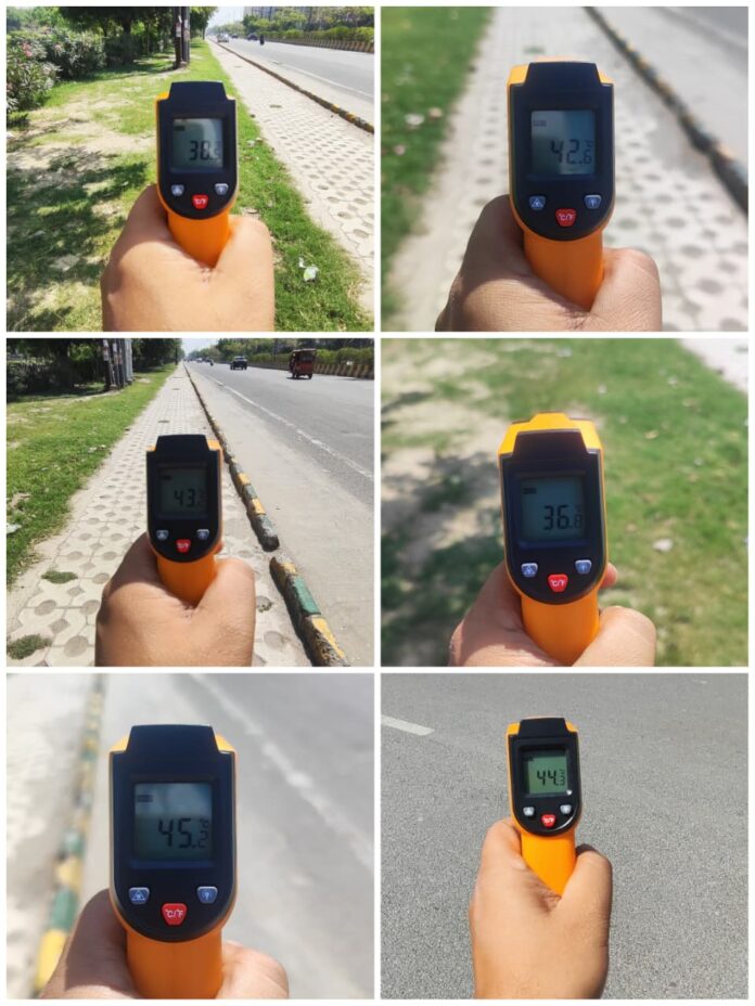 Temperature check on World Earth Day reveals a sharp contrast, roads in Noida touch 50°C, while areas with trees and grass remain up to 20°C cooler in findings documented by Sector 75 resident Amit Gupta.