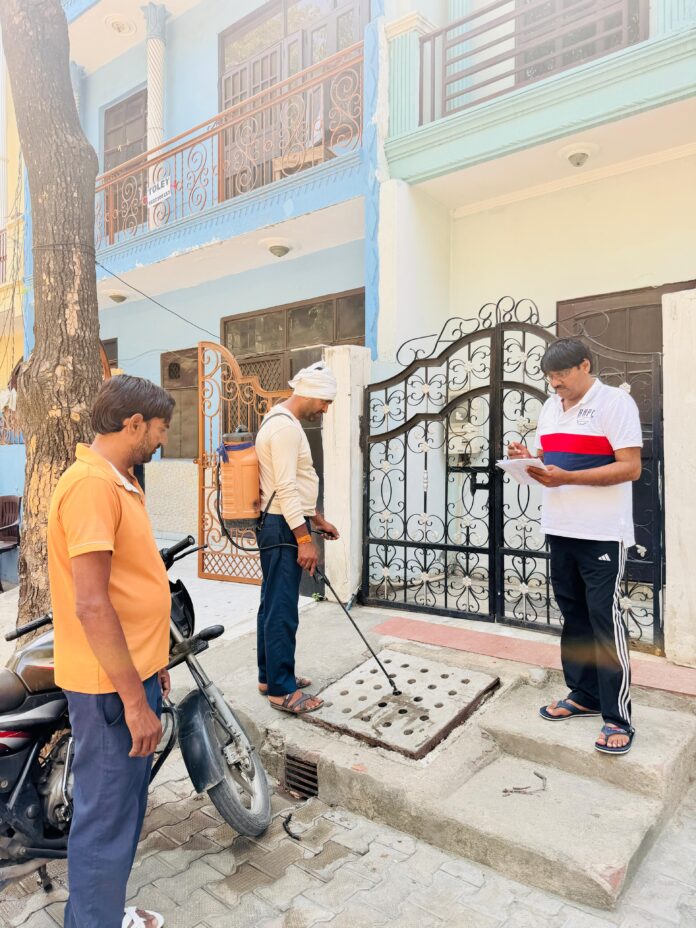 Larvicide spraying drive underway in Beta-1 by the health department of Greater Noida Authority to prevent mosquito breeding and control seasonal diseases.
