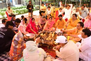 Devotees gather in large numbers at the Ancient Sanatan Dharma Temple in Sector-117, Noida, as the temple celebrates its first foundation day after renovation with religious rituals, havan, bhajan-kirtan and a grand bhandara.