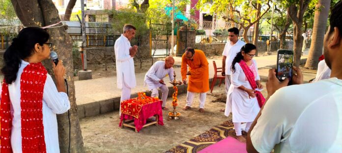 Residents participate in the inaugural session of the five-day free obesity prevention yoga camp organised in Sector 51, Noida under the guidance of Bharatiya Yog Sansthan with support from the RWA.