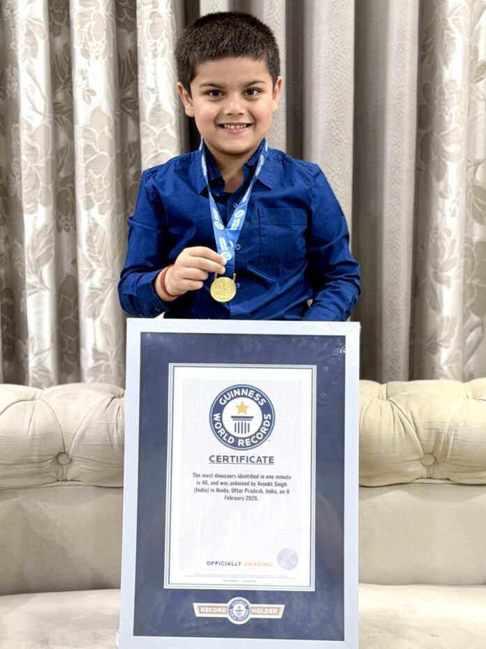 Noida’s 5-year-old Avyukt Singh earns his sixth world record by identifying 46 dinosaurs and their scientific names in just one minute, surpassing the previous record of 41.