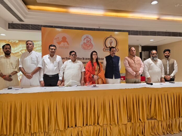 Ramayana Research Council members address the media in New Delhi, with Supreme Court advocate Dr Bharat Nagar raising concerns over the portrayal of Lord Ram in the trailer of an upcoming Ramayana film.