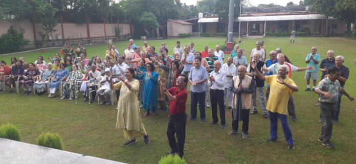 Members of the JVCC Laughter Club celebrate Teej with colourful traditional attire, cultural performances and festive activities at the Community Centre in Sector 21.