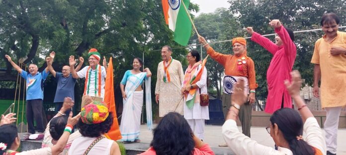 JVCC Laughter Club members celebrate the 80th Independence Day with patriotic fervour, music, dance and colourful tricolour-themed attire