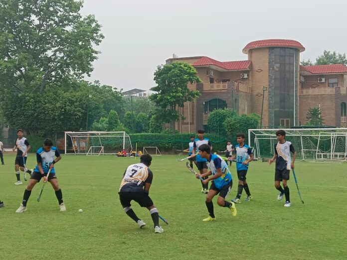 Dignitaries and participating players during the inauguration of the inter-school hockey tournament at Aster Public School, Greater Noida. Dignitaries and participating players during the inauguration of the inter-school hockey tournament at Aster Public School, Greater Noida.