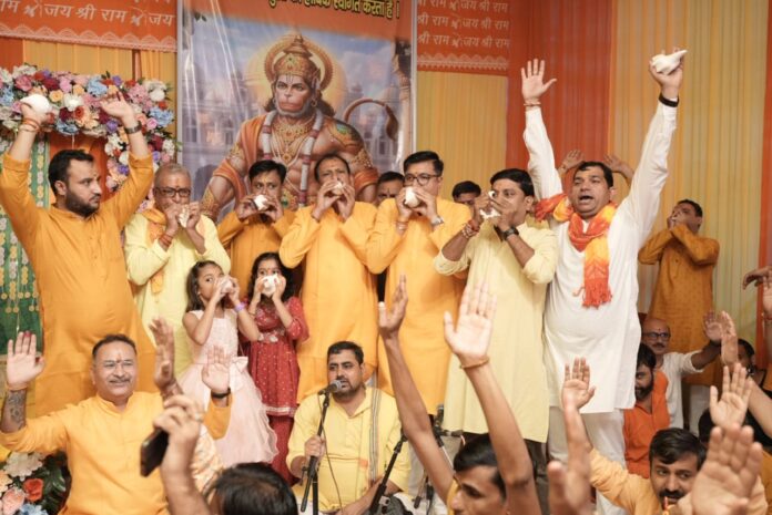 Bhoomi pujan held at Gaur City for the ninth Ramleela Mahotsav. Hanuman ji's religious flag was installed as preparations begin for a grand Ramleela 2026 in Greater Noida West