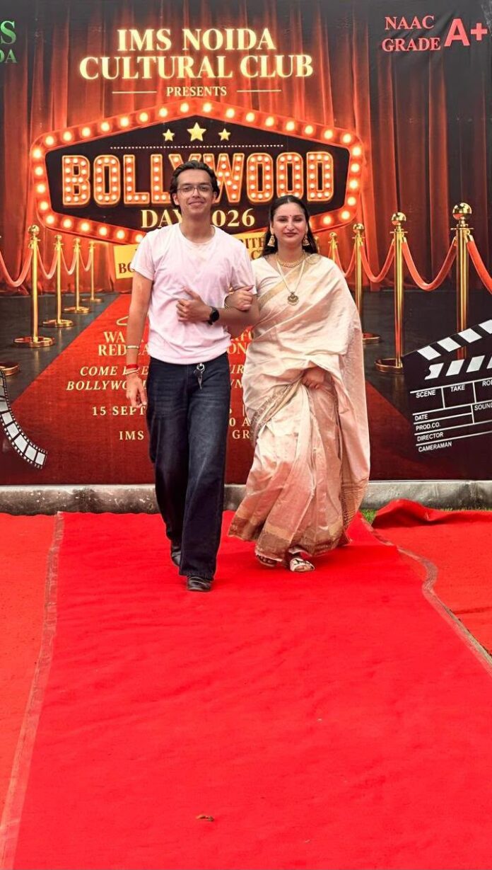 Students strike a pose during the Bollywood-themed red carpet walk at IMS Noida in Sector 62, showcasing iconic film characters and celebrity-inspired looks.