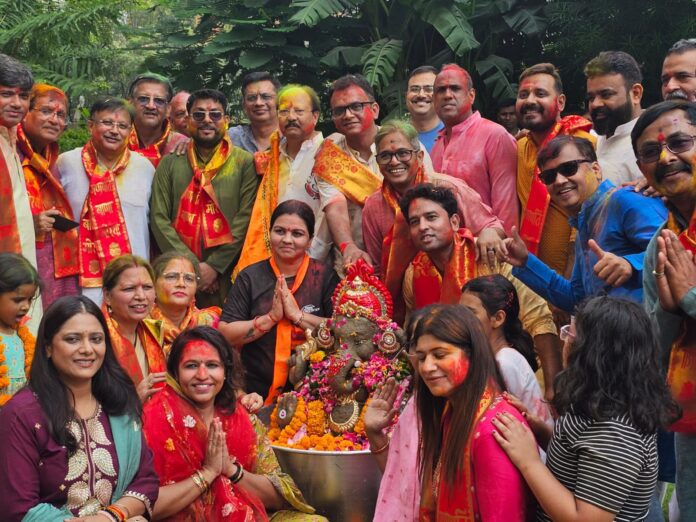 Residents participate in the Ganpati visarjan procession at Gaur Saundaryam, marking the conclusion of the society’s Ganesh Chaturthi celebrations.