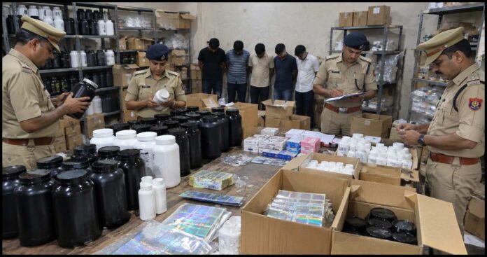 Police recover counterfeit protein supplements, bodybuilding products, steroids, injections and other suspected fake products worth around ₹50 lakh during a raid in Ghaziabad.