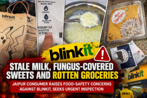 A representational image highlighting consumer concerns over the alleged delivery of stale milk, fungus-covered sweets and spoiled groceries through Blinkit in Jaipur. The consumer has urged authorities to inspect quick-commerce dark stores and investigate product quality and refund complaints.