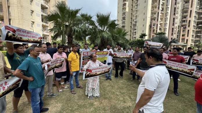 Residents of Supertech Ceaser Society in Omicron-1 stage a protest over alleged maintenance issues and demand the removal of YG Estate from the society’s maintenance operations. ( File photo)