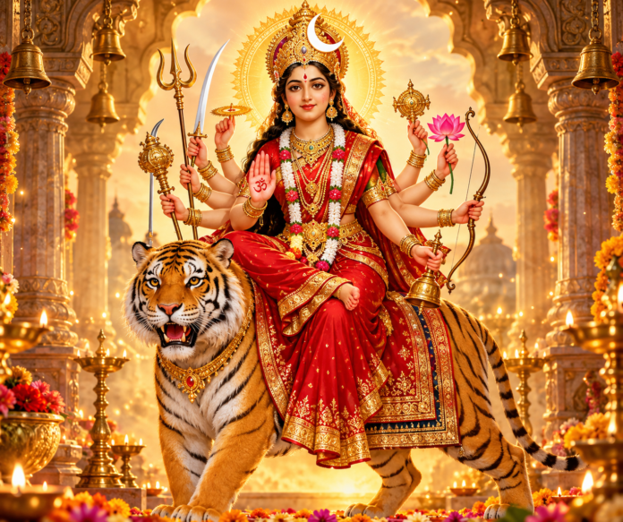 मां चंद्रघंटा के दिव्य स्वरूप के दर्शन। नवरात्रि के तीसरे दिन मां की आराधना साहस, शांति और शक्ति की कामना के साथ की जाती है।