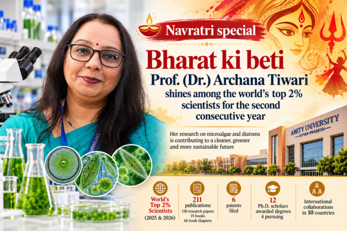 Navratri Scientist AProf. (Dr.) Archana Tiwari, Professor at Amity Institute of Biotechnology, Amity University Uttar Pradesh, Noida, whose research focuses on algal biotechnology, diatom biorefineries and environmental sustainability.chievement Feature Prof. (Dr.) Archana Tiwari, Professor at Amity Institute of Biotechnology, Amity University Uttar Pradesh, Noida, whose research focuses on algal biotechnology, diatom biorefineries and environmental sustainability.