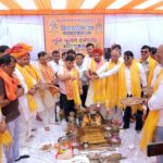 Members of the Shri Ramlila Committee, Greater Noida, and other dignitaries perform the Bhumi Pujan at Site 4 ahead of Vijay Mahotsav 2026.