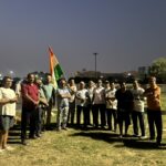 Residents of Greater Noida West participate in a Tiranga Yatra at Saraswati Authority Park to honour pilot Smit Machhar for his courage and contribution to saving around 180 lives.