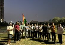 Residents of Greater Noida West participate in a Tiranga Yatra at Saraswati Authority Park to honour pilot Smit Machhar for his courage and contribution to saving around 180 lives.