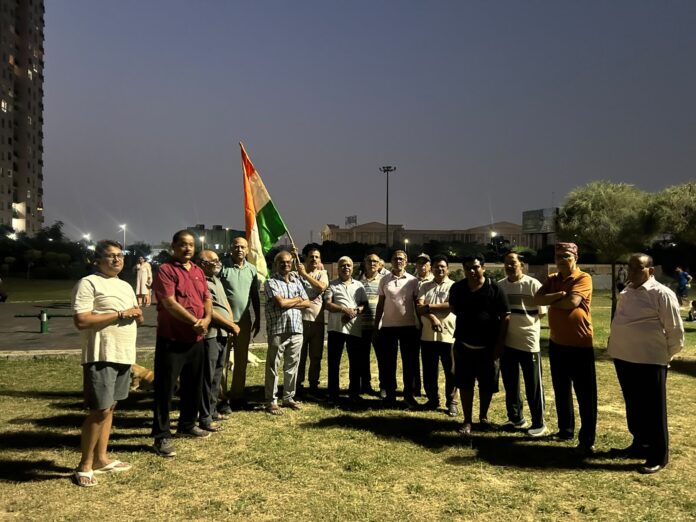Residents of Greater Noida West participate in a Tiranga Yatra at Saraswati Authority Park to honour pilot Smit Machhar for his courage and contribution to saving around 180 lives. Residents of Greater Noida West participate in a Tiranga Yatra at Saraswati Authority Park to honour pilot Smit Machhar for his courage and contribution to saving around 180 lives.