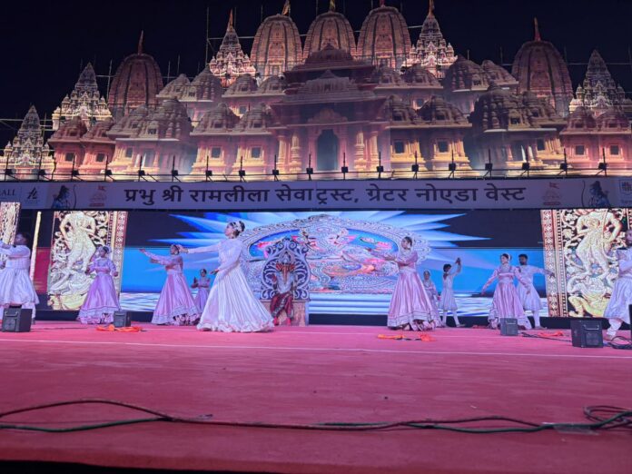 Devotees attend Ramleela performances at the Ecotech-12 ground in Greater Noida West on October 12 despite rainfall and waterlogging.