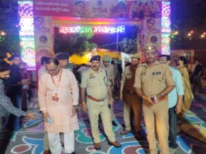 DCP Central Noida Dr Praveen Ranjan Singh inspects a Durga Puja pandal in Sector 137 to review security arrangements and crowd management.