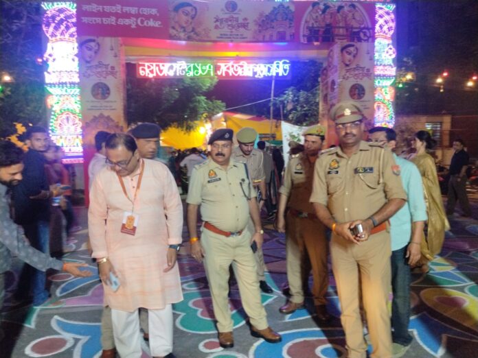DCP Central Noida Dr Praveen Ranjan Singh inspects a Durga Puja pandal in Sector 137 to review security arrangements and crowd management.
