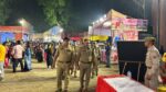 Gautam Buddh Nagar Police personnel inspect a Durga Puja pandal under Sector 20 police station limits in Noida to review security arrangements and crowd management.