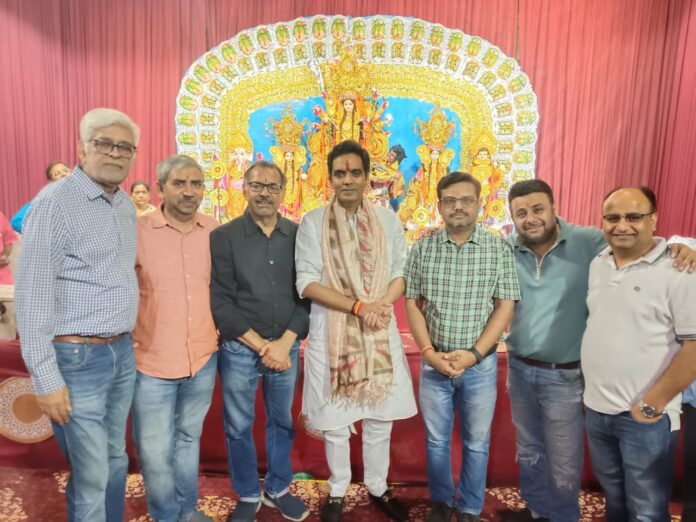 Noida MLA Pankaj Singh offers prayers to Maa Durga at the Durga Puja pandal organised by Bangiya Maitree Cultural Society Trust at RG Residency in Sector 120, Noida.